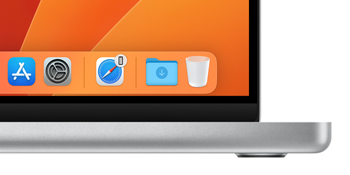 Dock i macOS som viser et Safari-symbol for Handoff