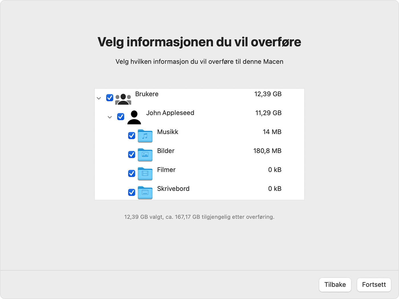 Overføringsassistent på Mac: Velg dataene du vil overføre