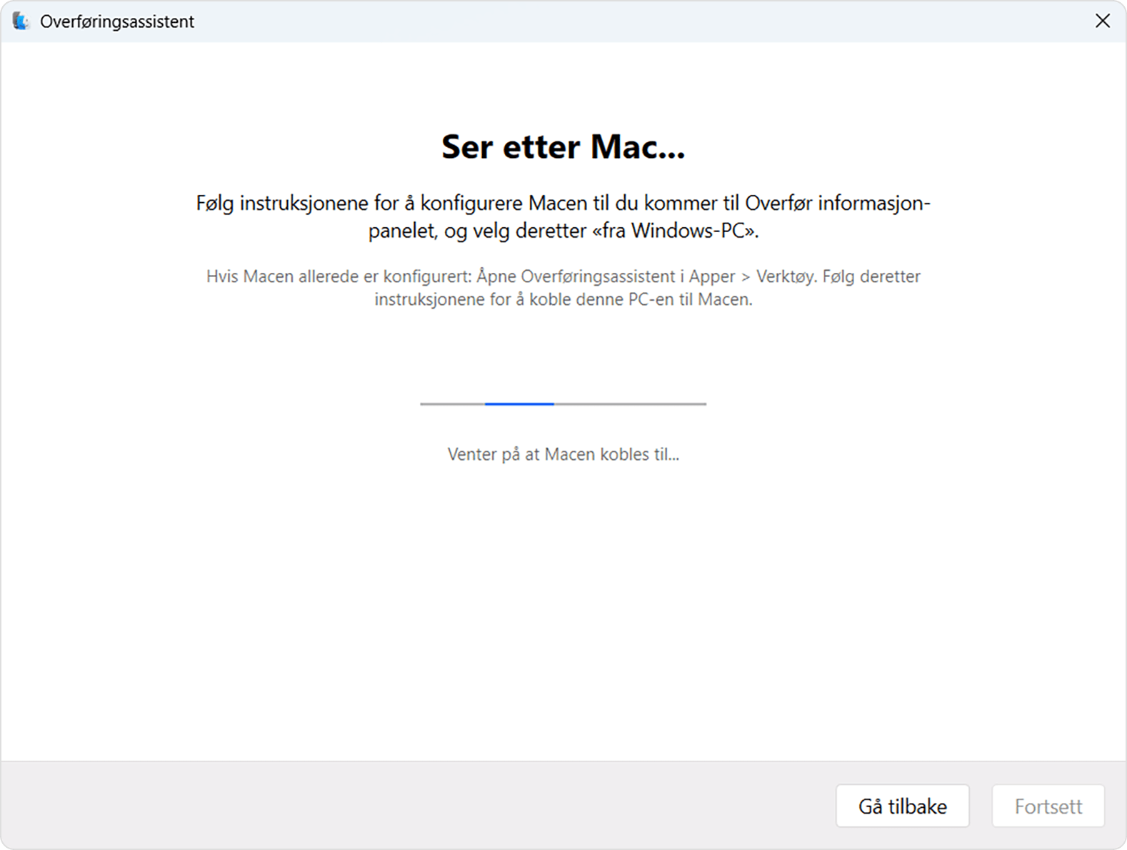 Overføringsassistent på PC: Ser etter Mac ...