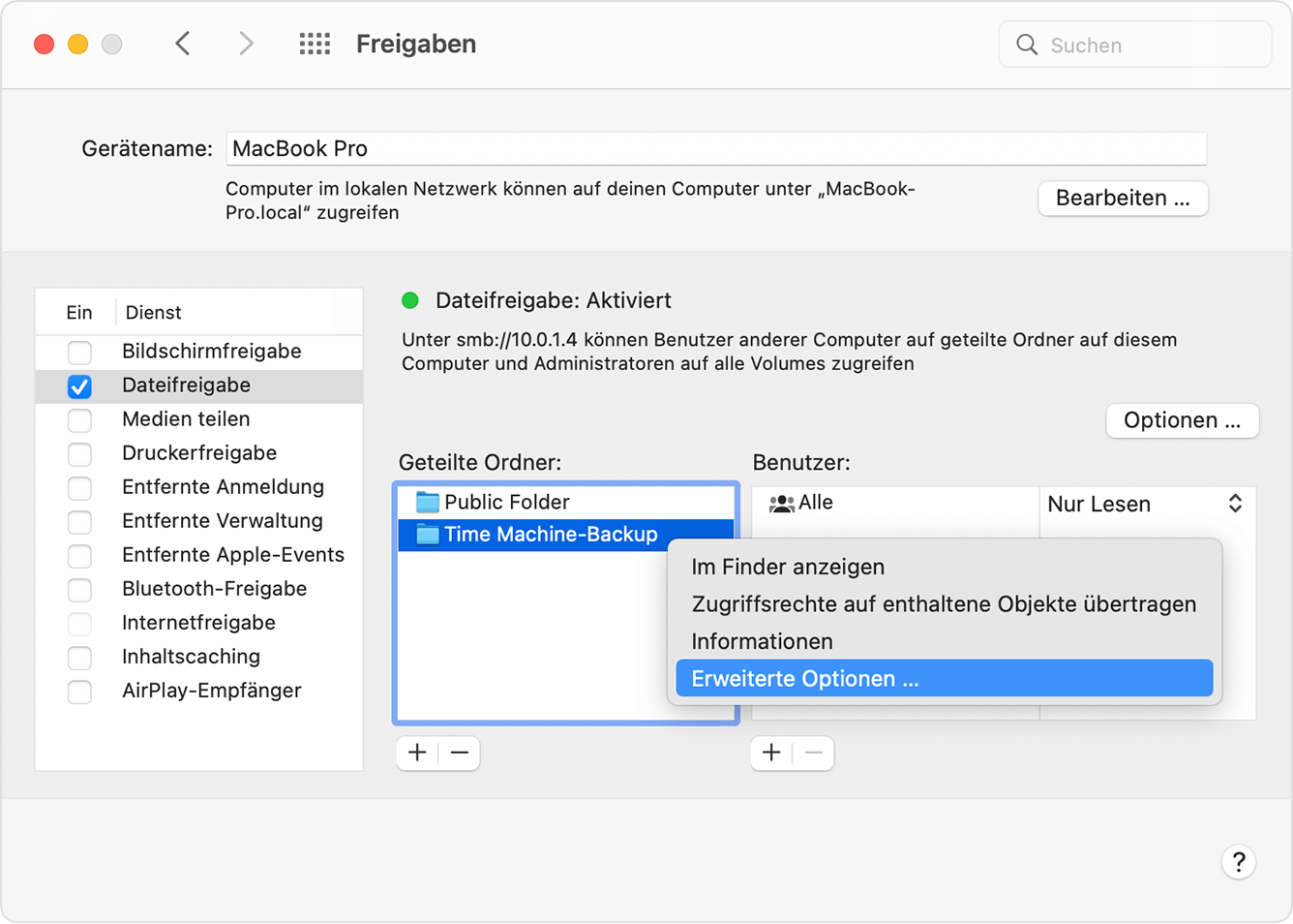 Erweiterte Optionen in den Freigabe-Einstellungen