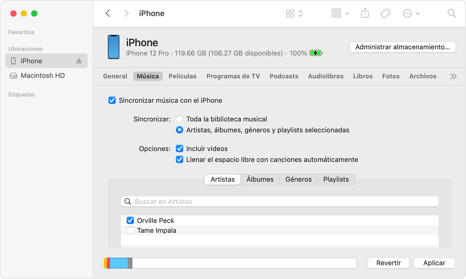 Con el Finder en macOS Monterey, puedes sincronizar la música desde el teléfono a la computadora.