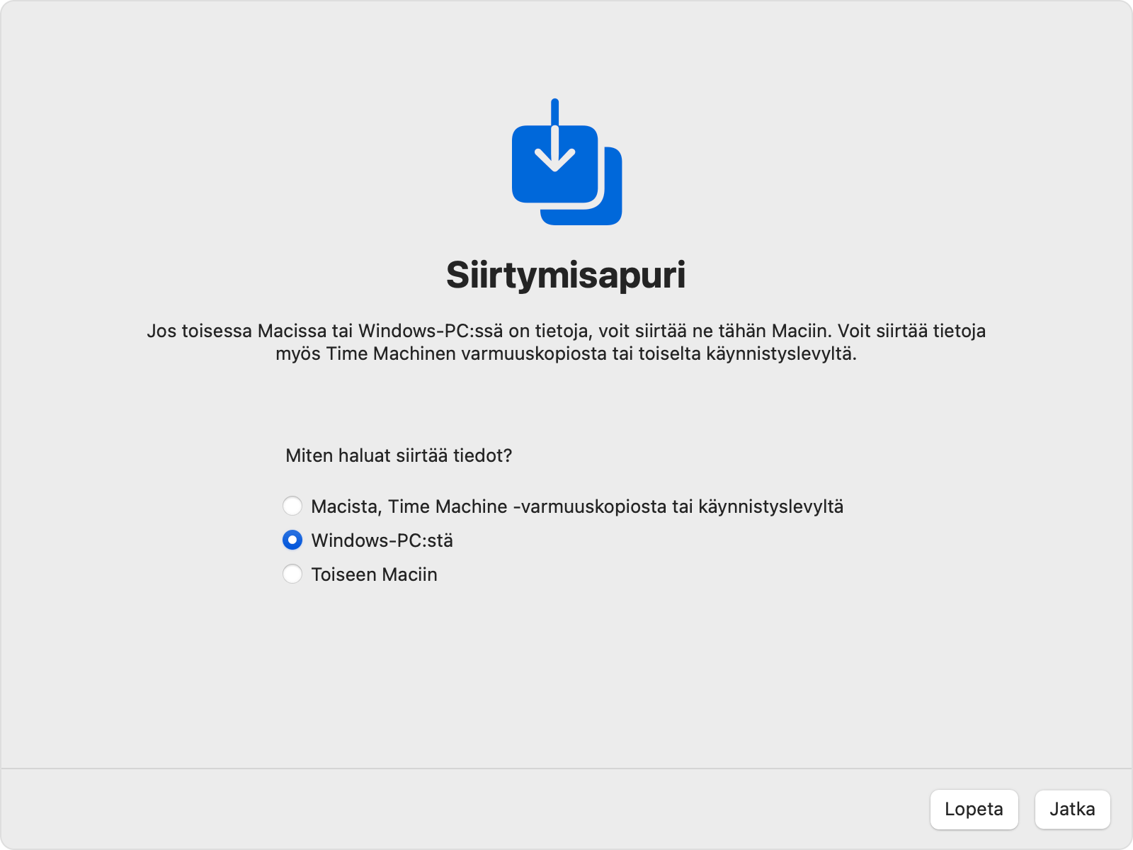 Siirtymisapuri Macissa: Siirrä Windows-PC:stä