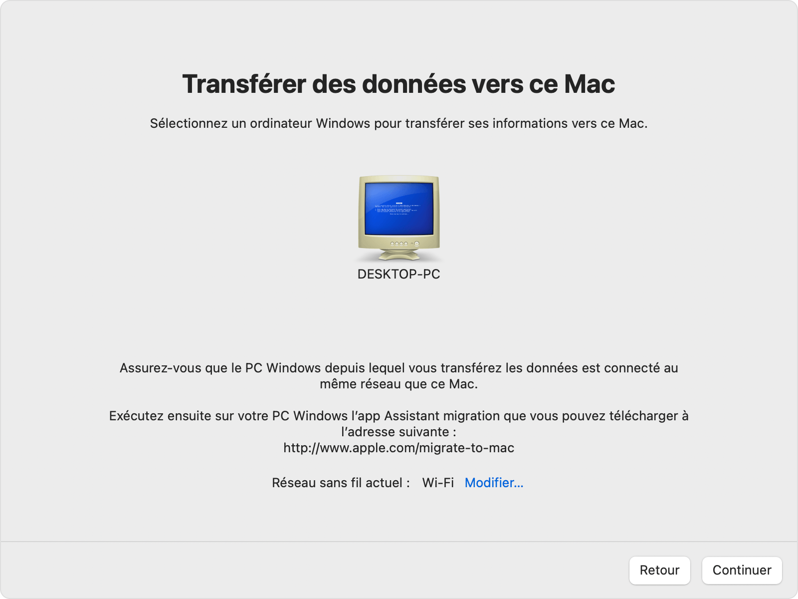 Assistant de migration sur PC : Transférer des données vers ce Mac