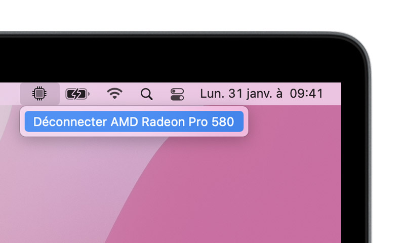 Option Déconnecter l’eGPU sélectionnée dans la barre des menus du Mac