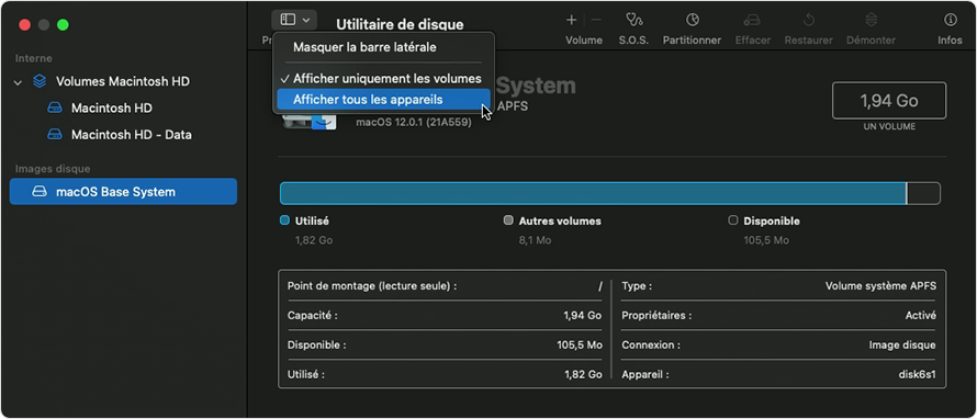 Utilitaire de disque : afficher tous les appareils