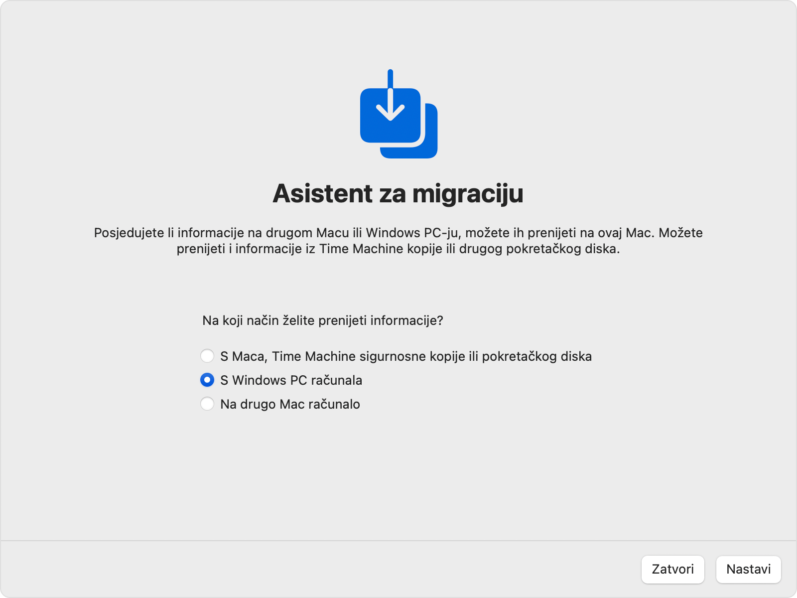 : Pomoćnik za migraciju na Mac računalu: prijenos „S PC računala sa sustavom Windows”