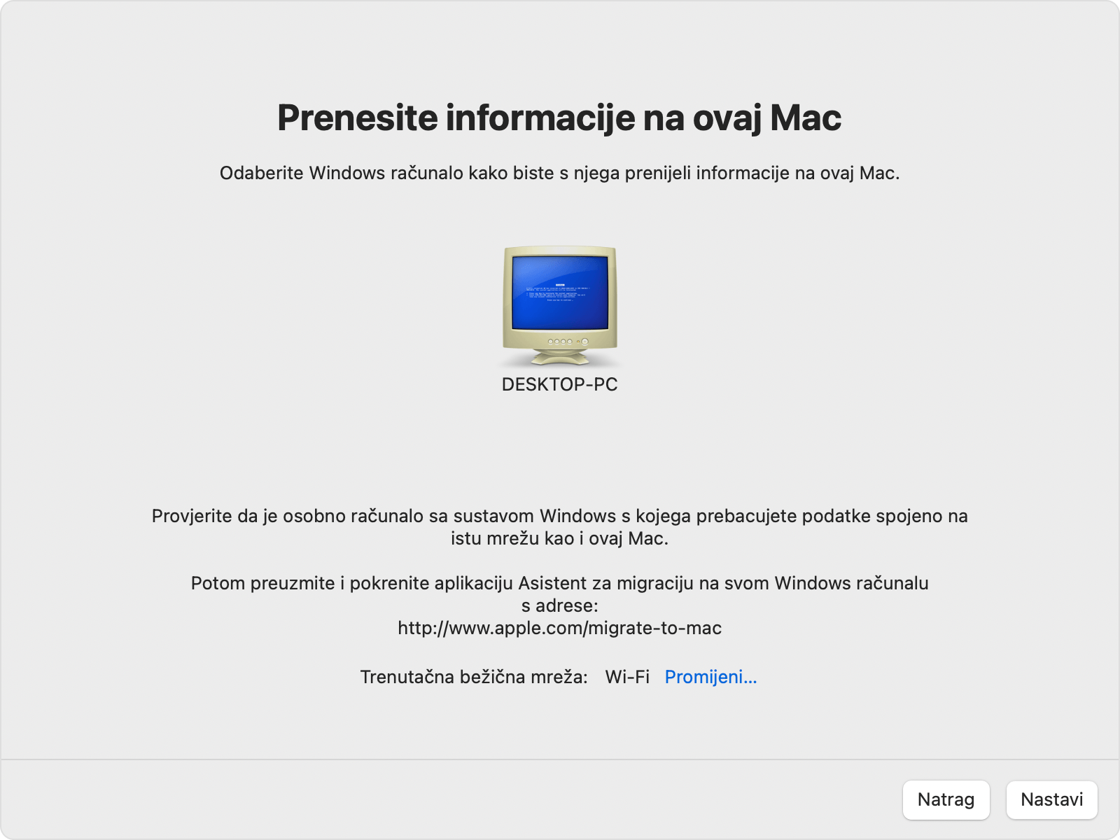Pomoćnik za migraciju na PC-ju: „Prijenos na ovaj Mac"