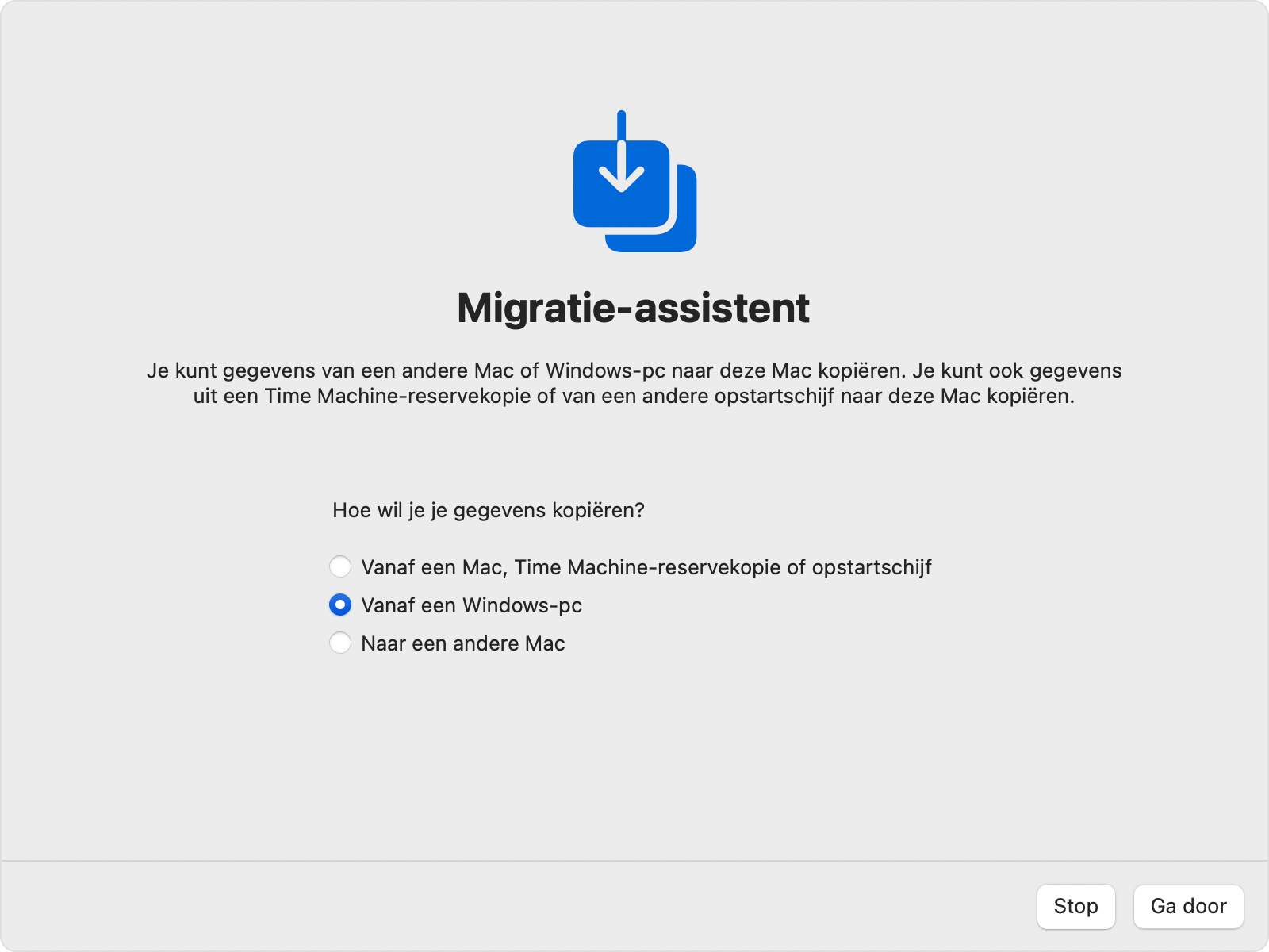 Migratie-assistent op Mac: overzetten 'Vanaf een Windows-pc'