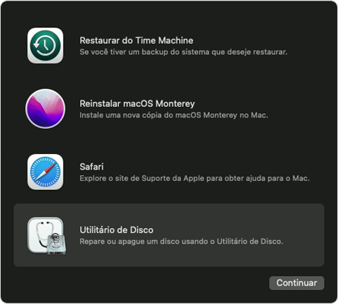 Lista de utilitários na Recuperação do macOS.