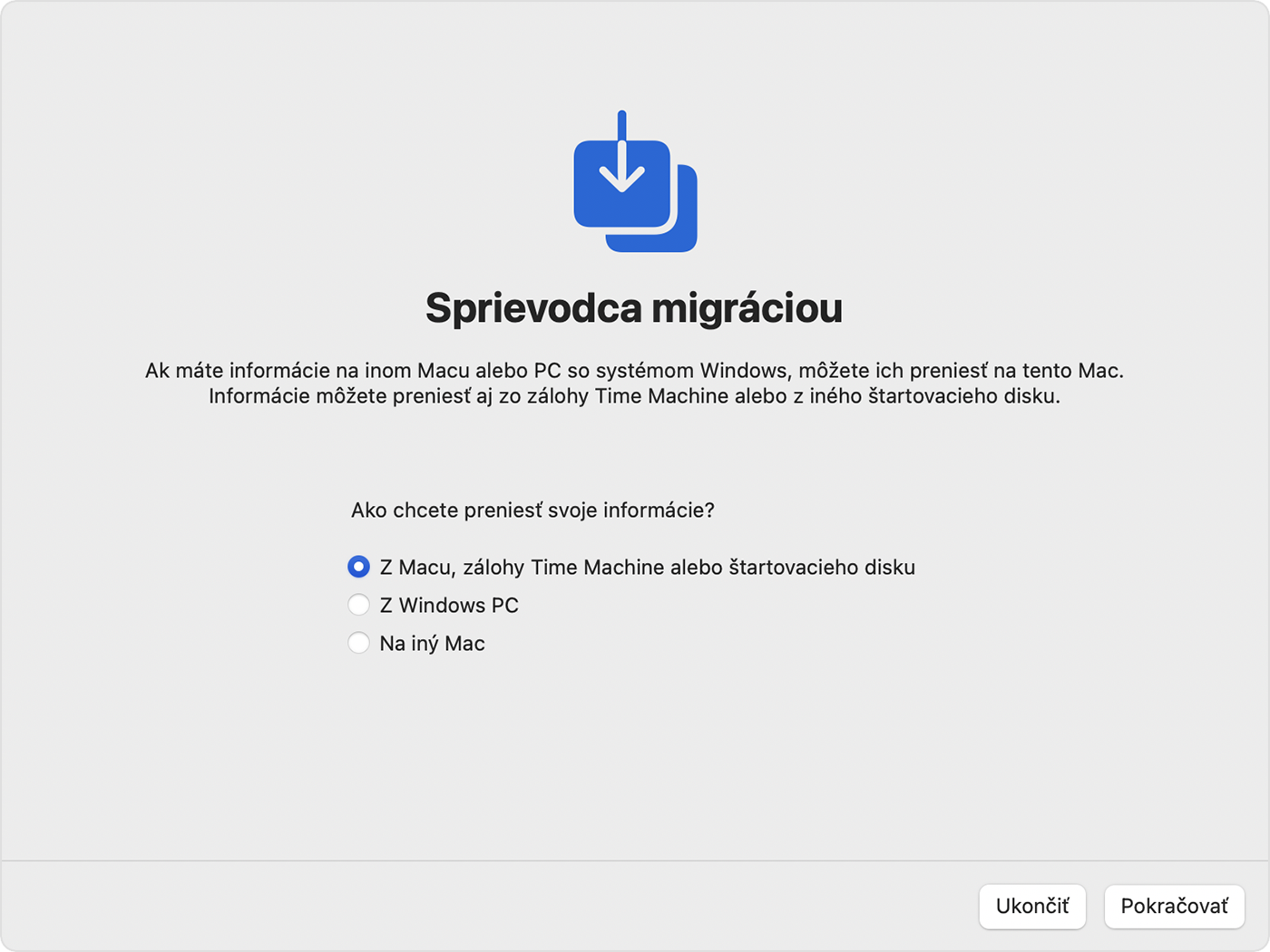 Sprievodca migráciou s vybratou možnosťou „Z Macu, zálohy Time Machine alebo štartovacieho disku“.