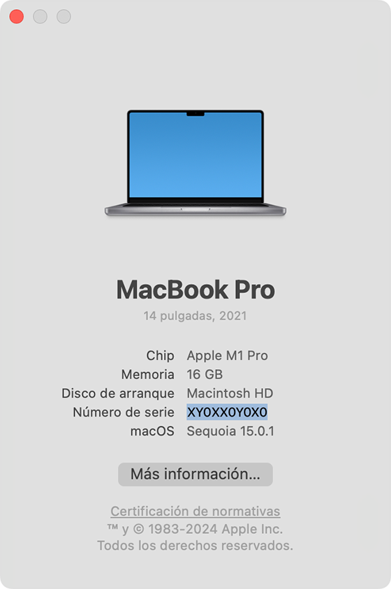 Ventana Acerca de este Mac con el número de serie resaltado
