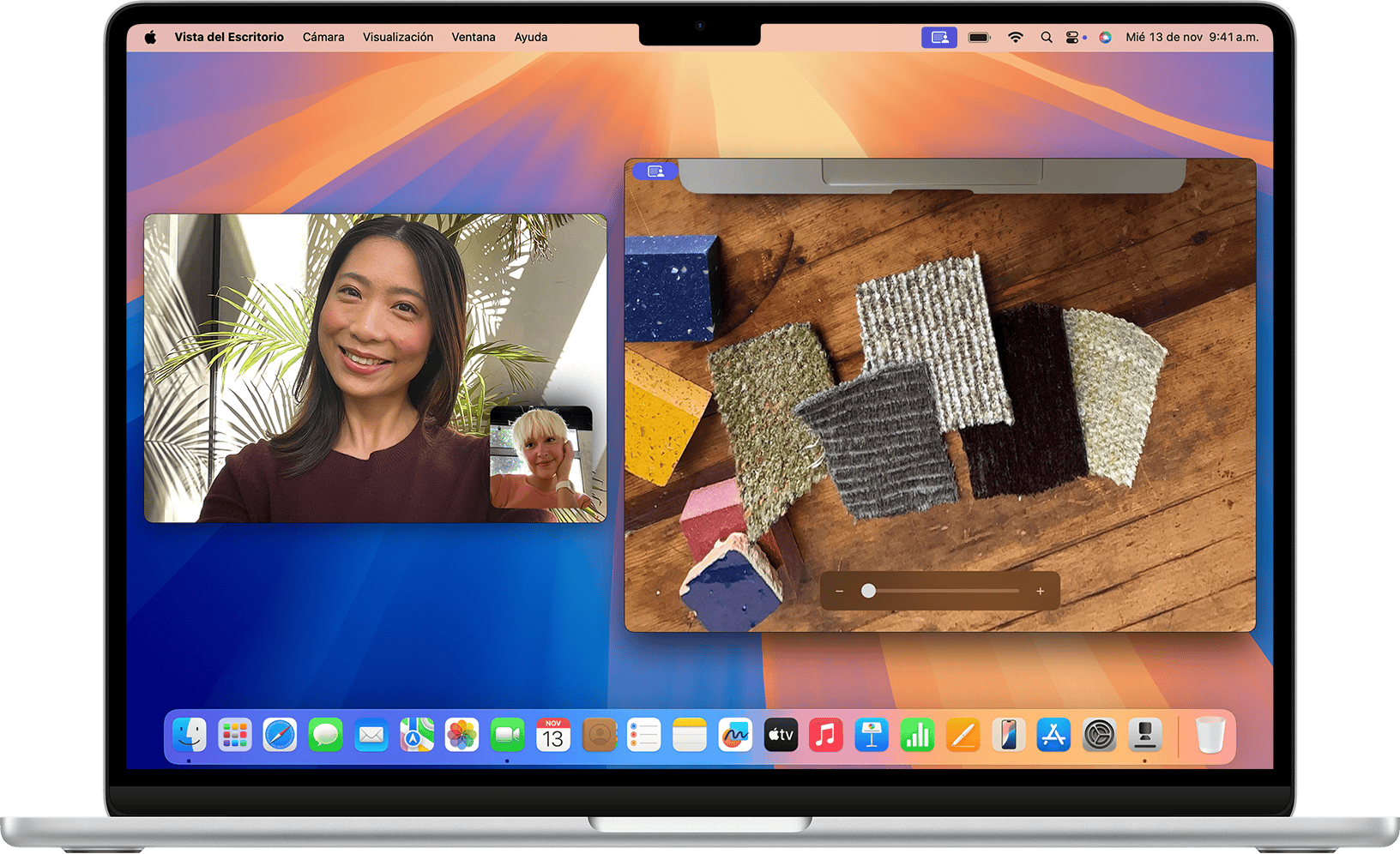 Vista de presentador en FaceTime para Mac después de compartir la ventana Vista del Escritorio