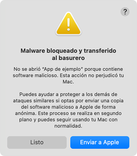 Una alerta en la que se indica que se bloqueó la apertura de una app que contenía malware y que se movió al Basurero. Es posible que se te solicite enviar una copia del malware a Apple.