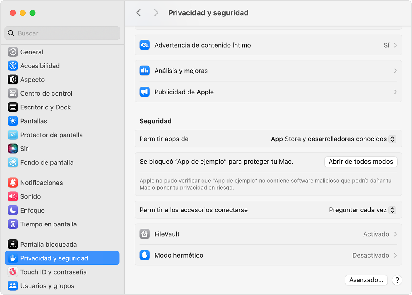 En Configuración del Sistema, elige abrir una app a pesar de la advertencia de seguridad si tienes la certeza de que la app proviene de una fuente confiable.