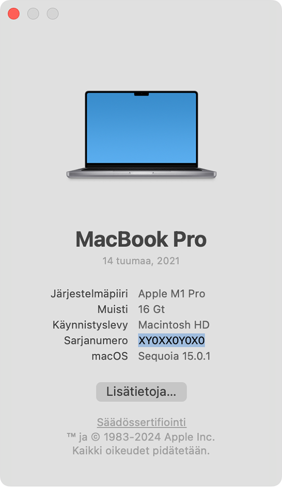 Tietoja tästä Macista ‑ikkuna, jossa näkyy korostettuna sarjanumero