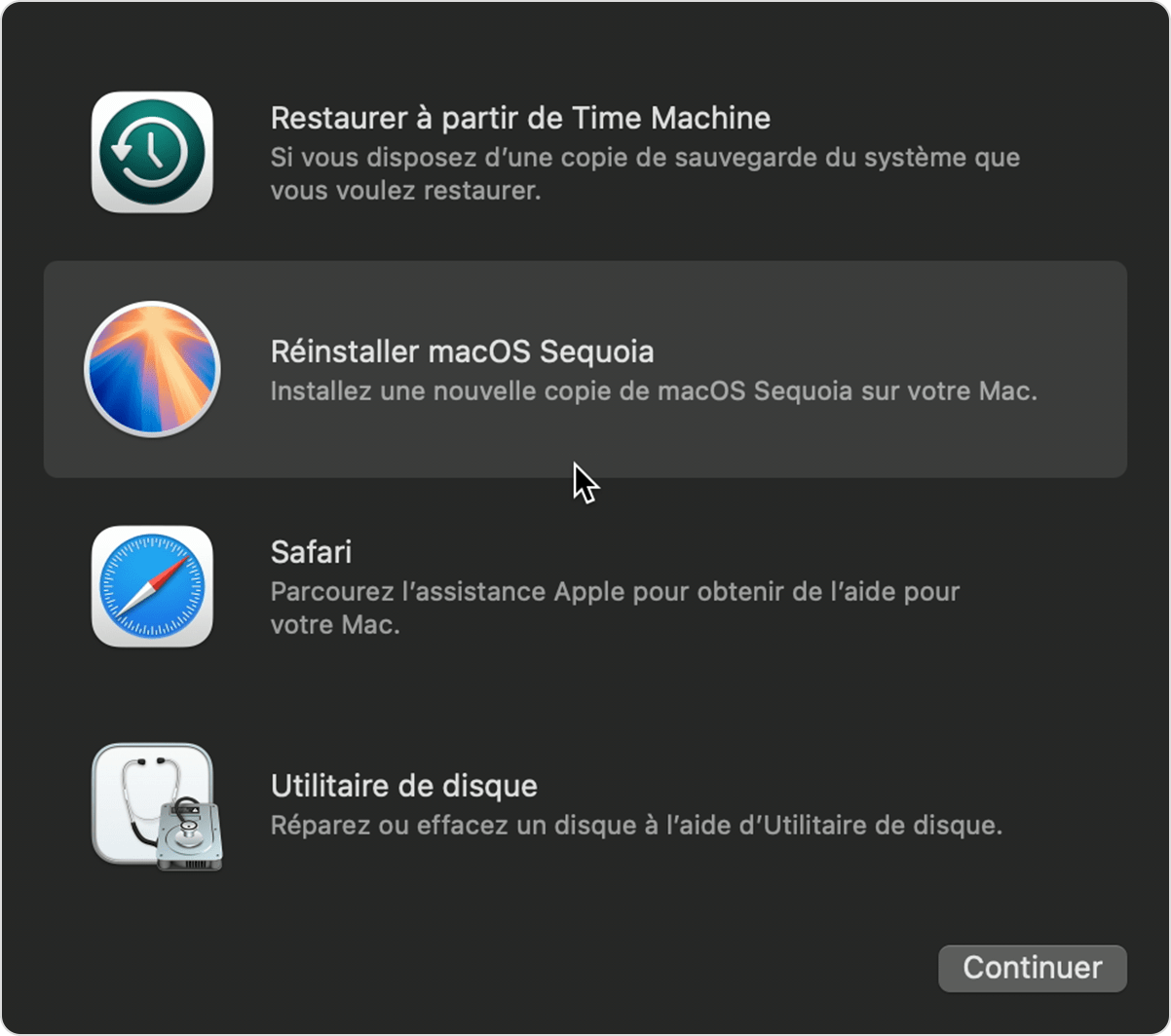 Fenêtre Utilitaires sous macOS Sequoia