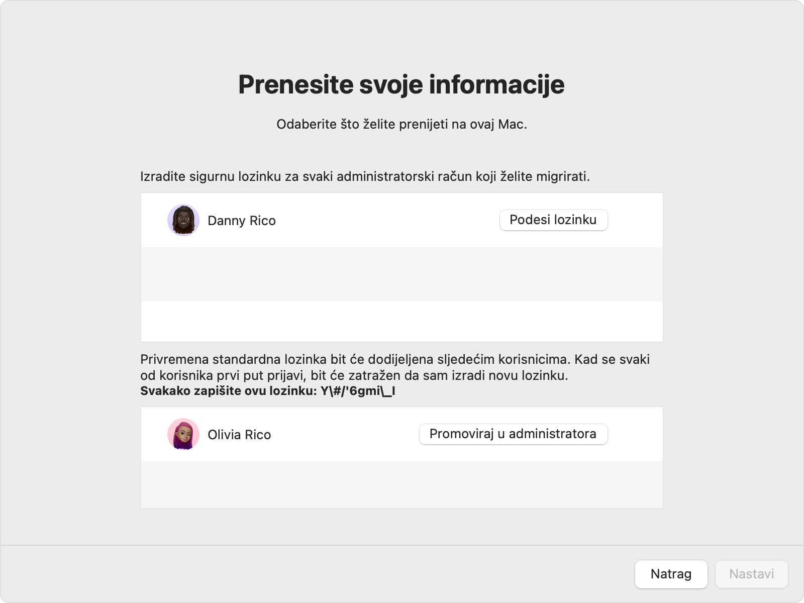 Asistent za migraciju s prikazanim opcijama lozinke za administratorski i neadministratorski račun.