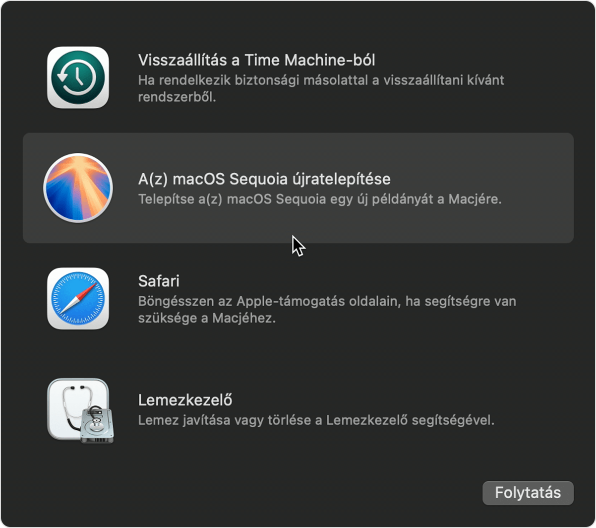 A segédprogramok ablaka a macOS-helyreállításban