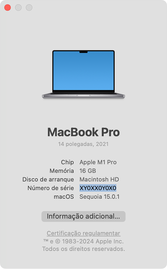 Janela Acerca deste Mac com o número de série realçado