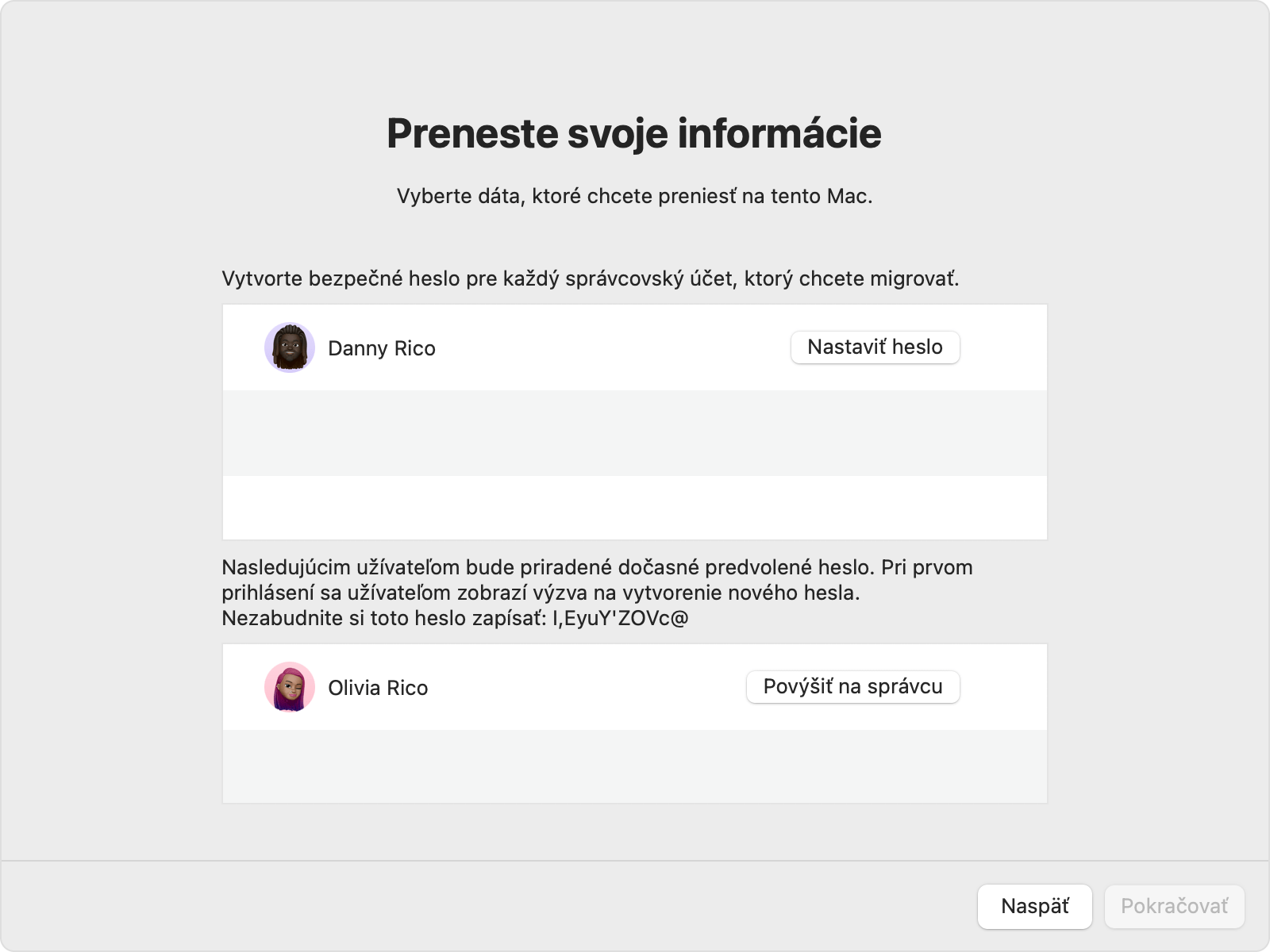 Sprievodca migráciou so zobrazenými možnosťami hesla pre účet správcu a iného používateľa než správcu.