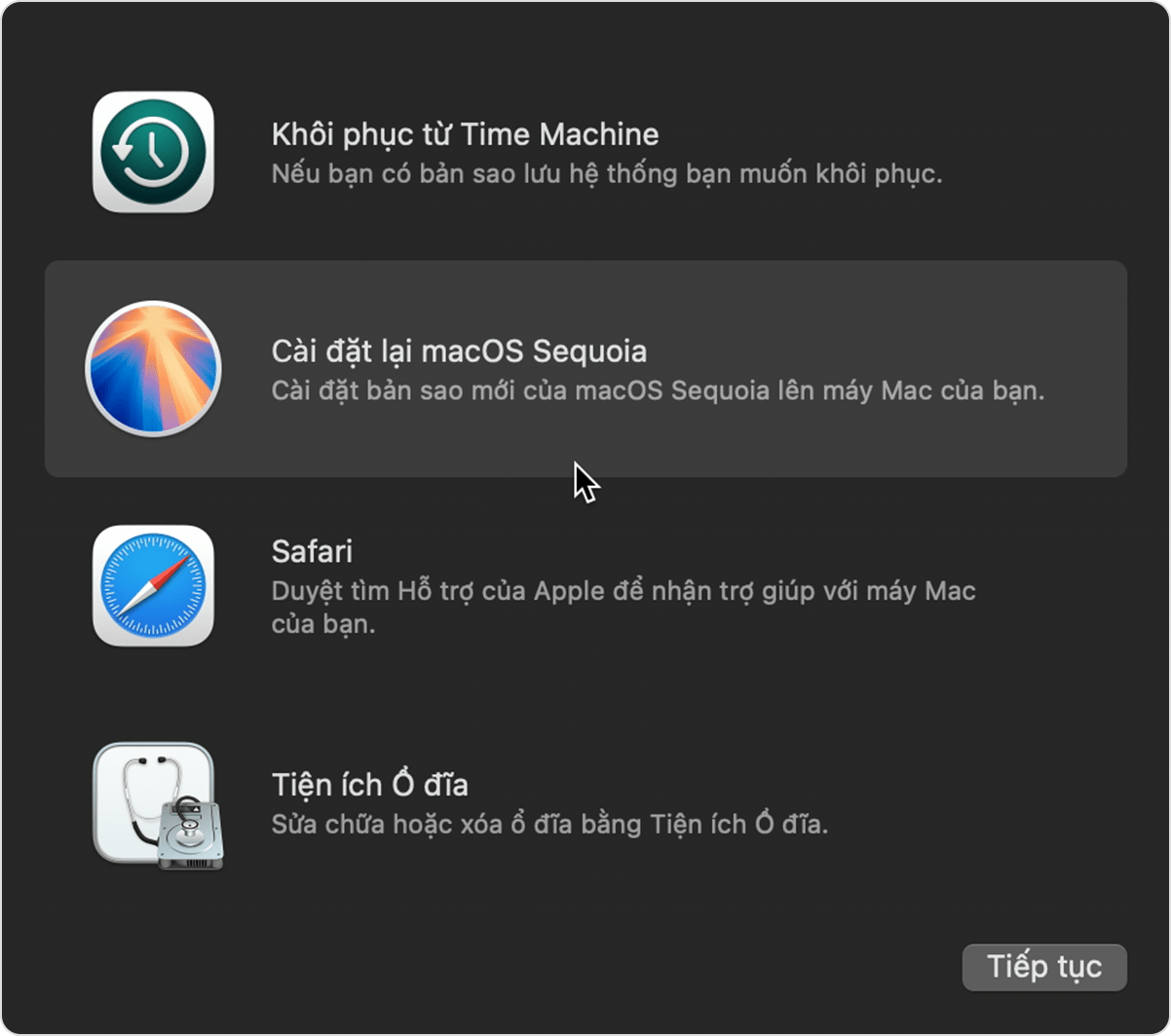 Danh sách các tiện ích trong chế độ Khôi phục macOS.