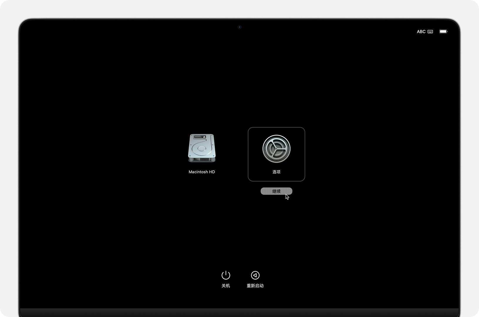 搭载 Apple 芯片的 Mac 上的启动选项屏幕。