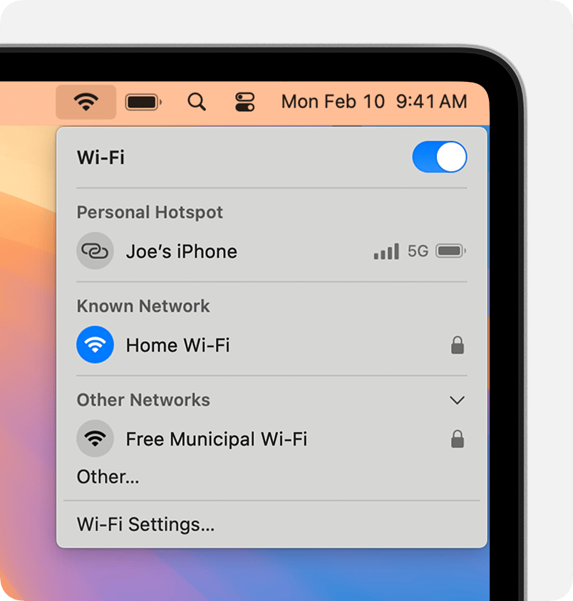 Wi-Fi menu, showing a Personal Hotspot, a known network, and an unknown network.