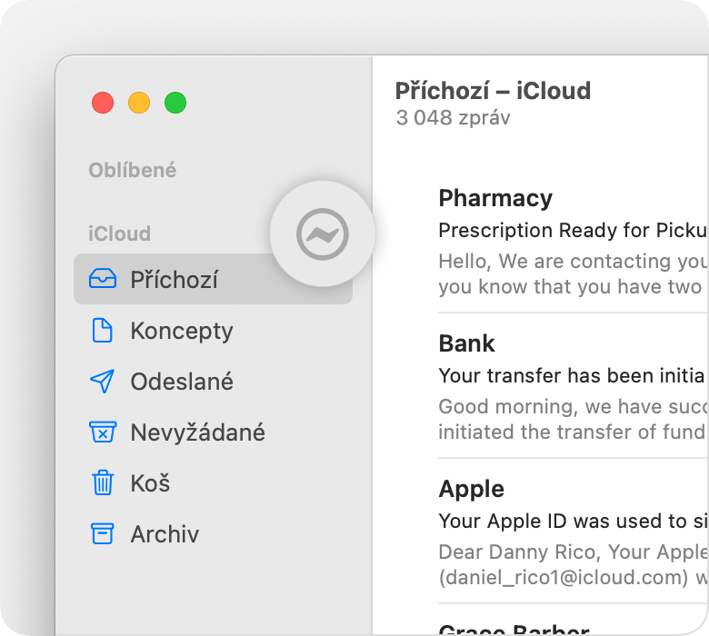 Účet iCloudu na bočním panelu Mailu s ikonou blesku