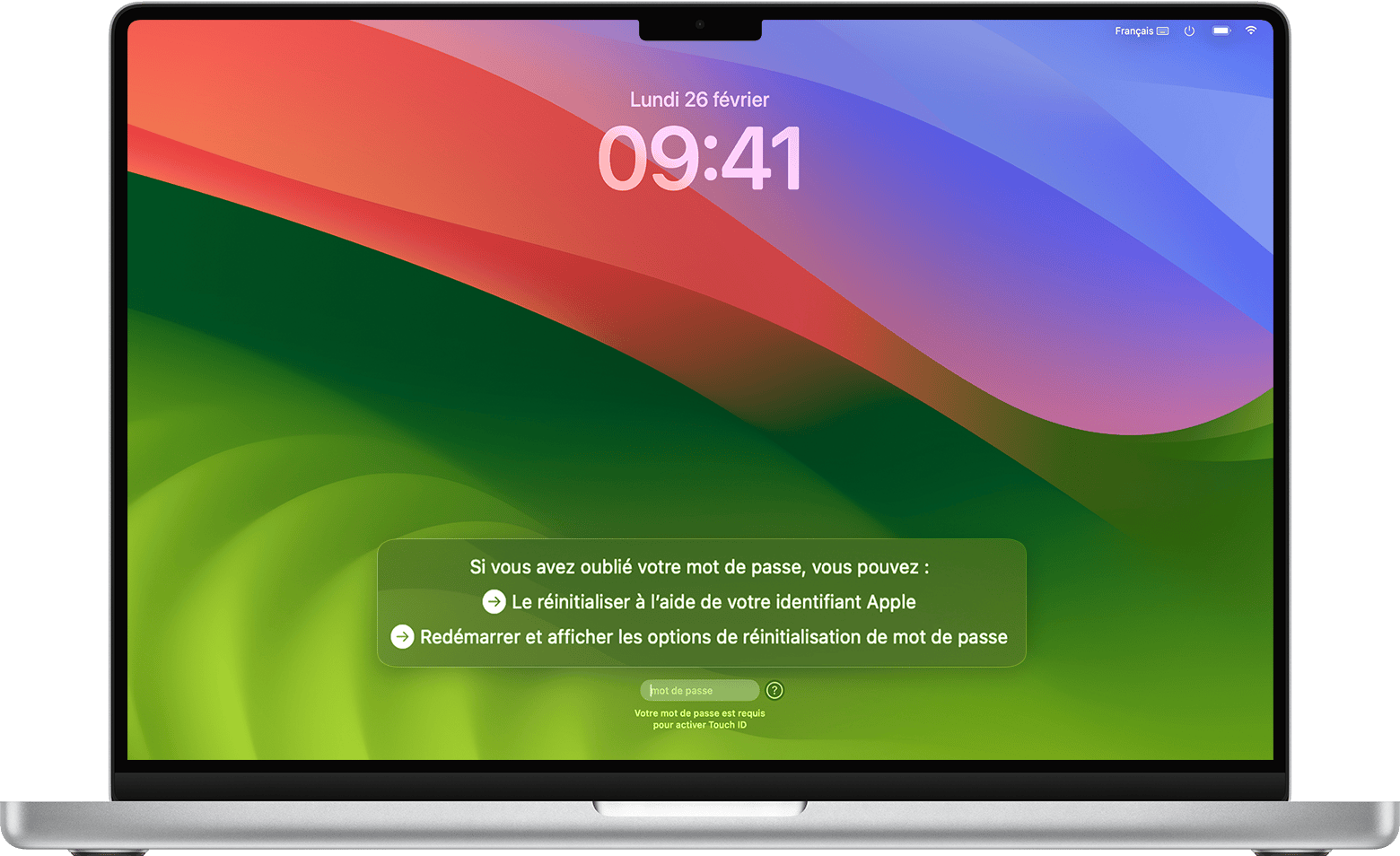 Options de réinitialisation du mot de passe dans la fenêtre de connexion sous macOS Sonoma