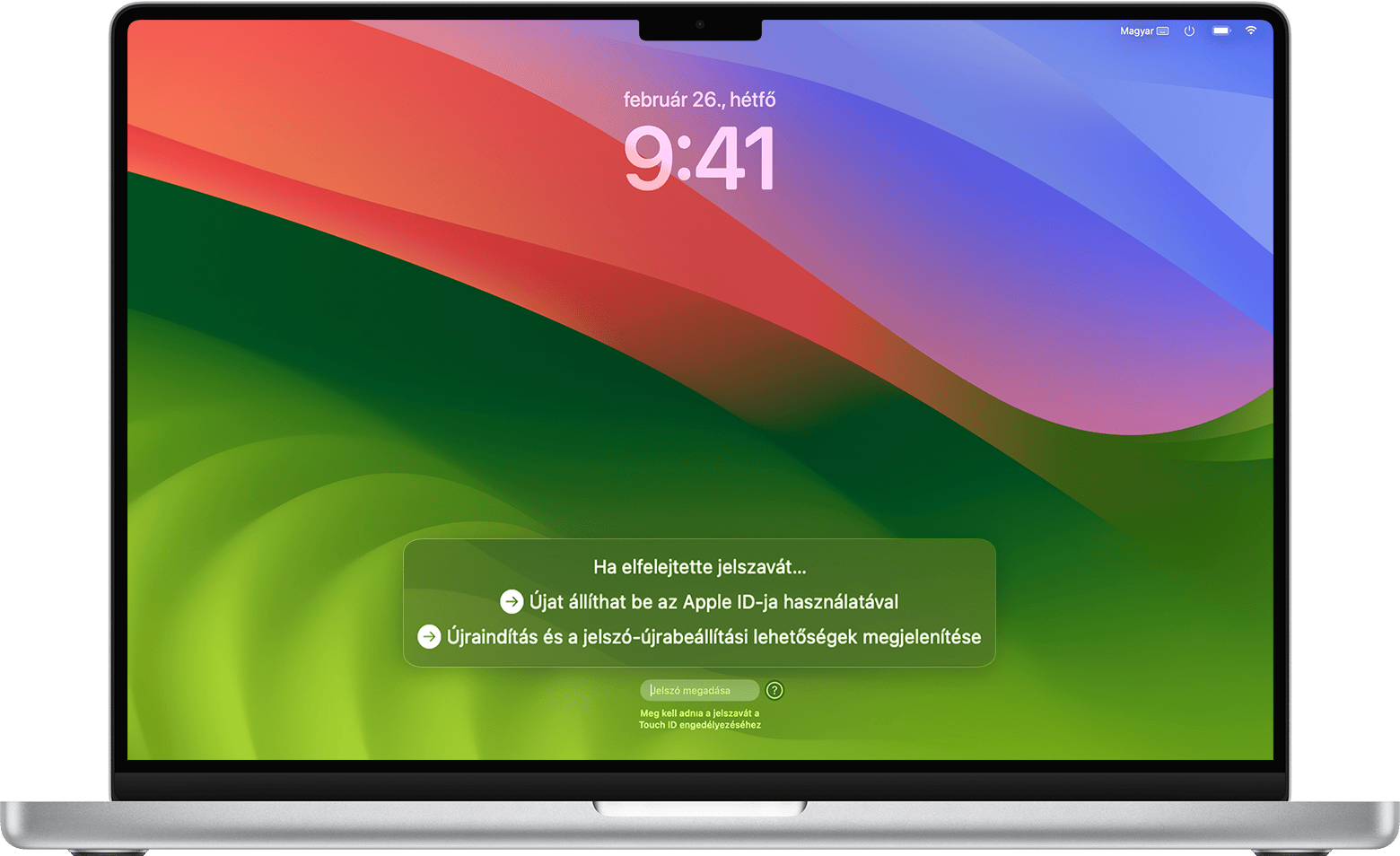 Új jelszó beállításához kapcsolódó lehetőségek a macOS Sonoma bejelentkezési ablakában