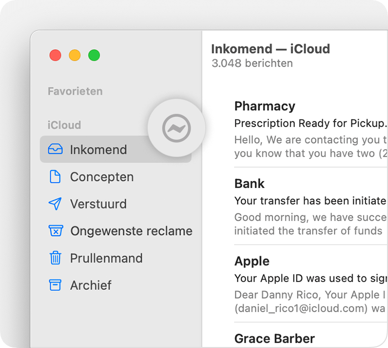 iCloud-account in Mail-navigatiekolom met bliksemschichtsymbool