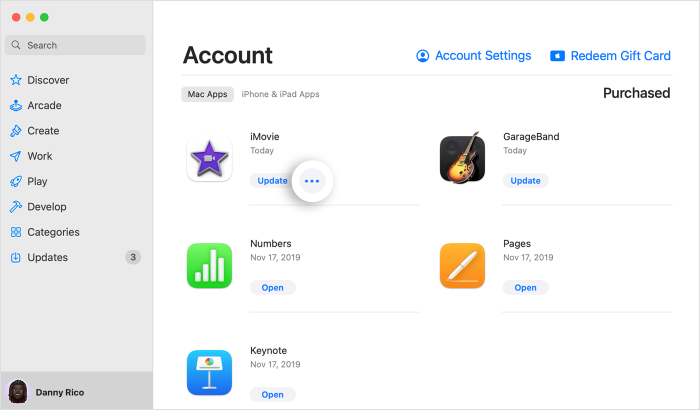 Bir uygulama için Daha fazla düğmesi vurgulanmış şekilde Hesap ekranını gösteren Mac'teki App Store