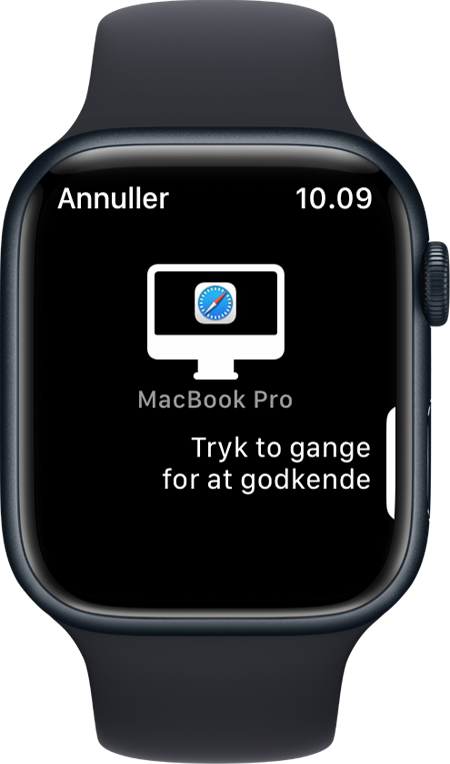 Apple Watch-skærm, der viser besked om at dobbeltklikke for at godkende