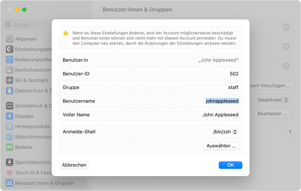 Users & Groups pane, showing the Advanced Options window