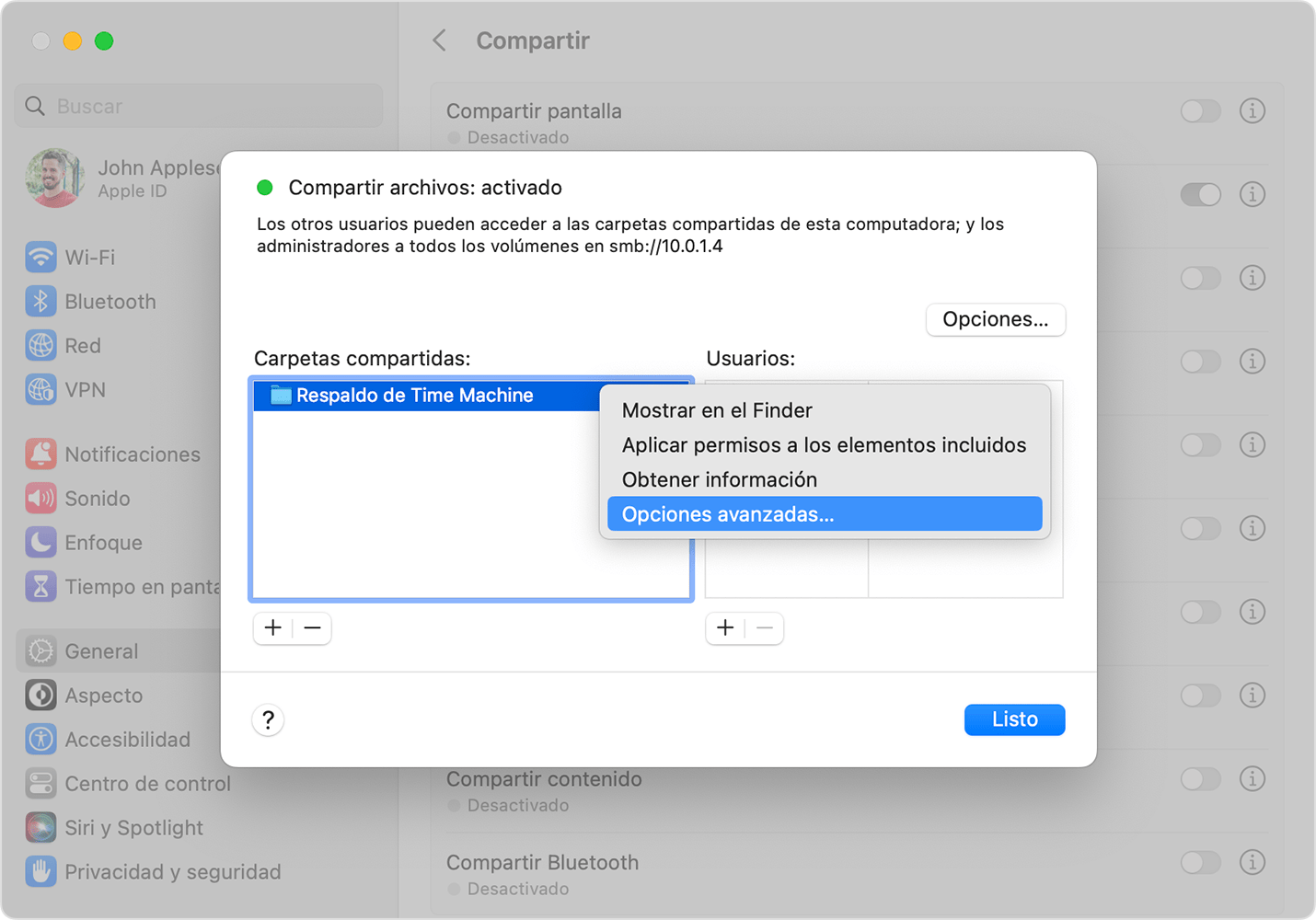 Configuración de Compartir, Opciones avanzadas