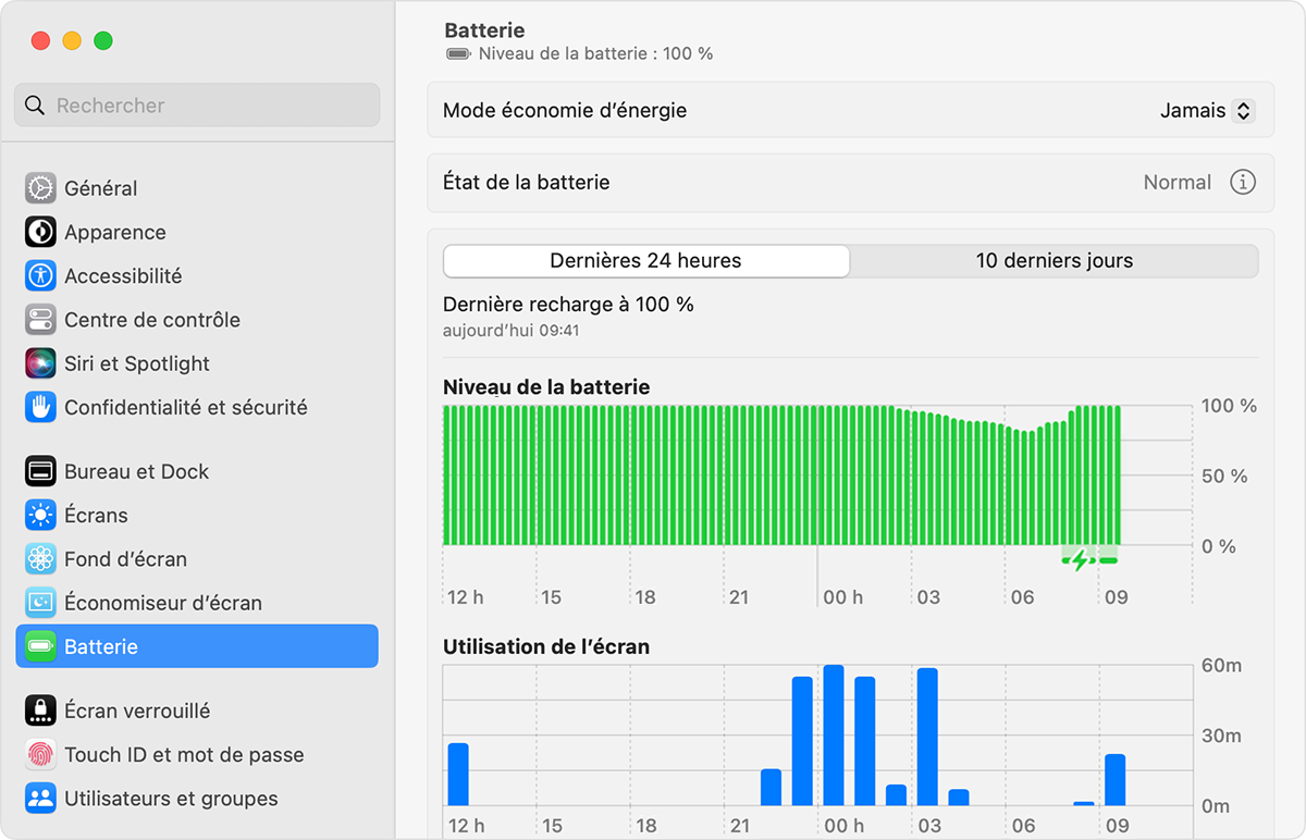 Réglages de la batterie sous macOS Ventura