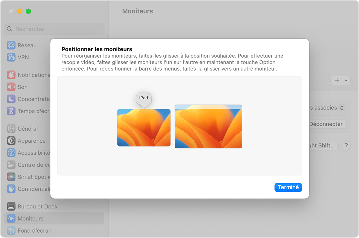 Écran Positionner les moniteurs dans les réglages Moniteurs