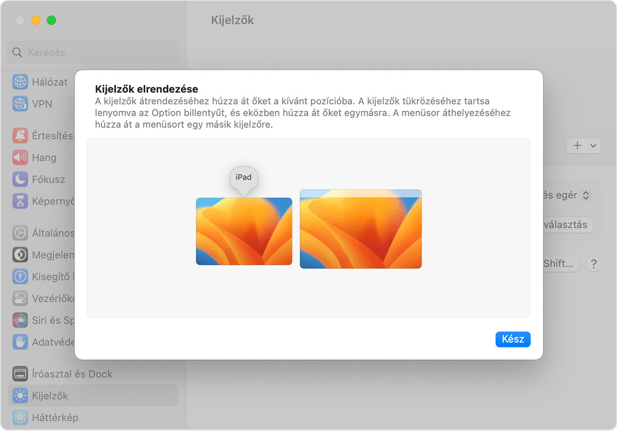 A Kijelzők elrendezése lehetőség a Kijelzőbeállításokban