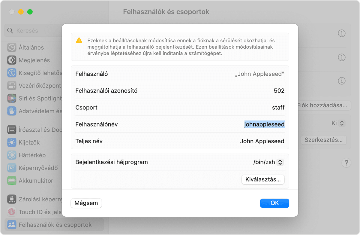 Users & Groups pane, showing the Advanced Options window