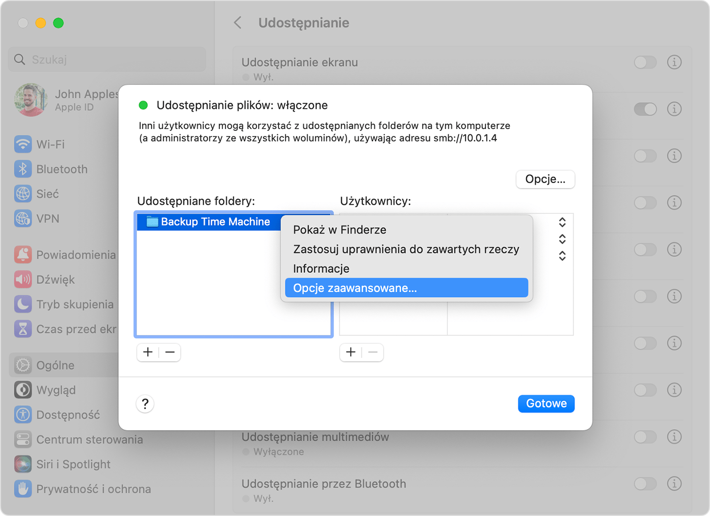 Ustawienia udostępniania, opcje zaawansowane