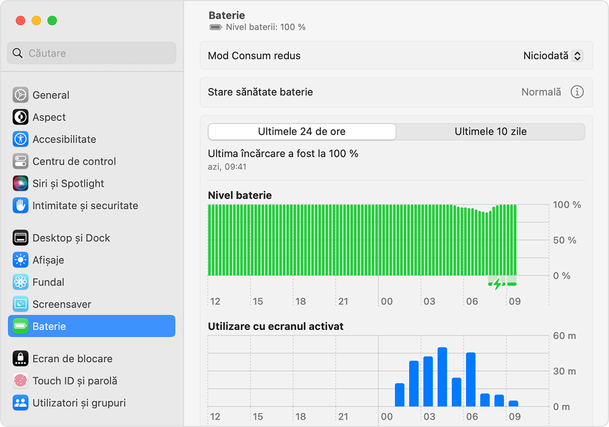 Configurările bateriei în macOS Ventura