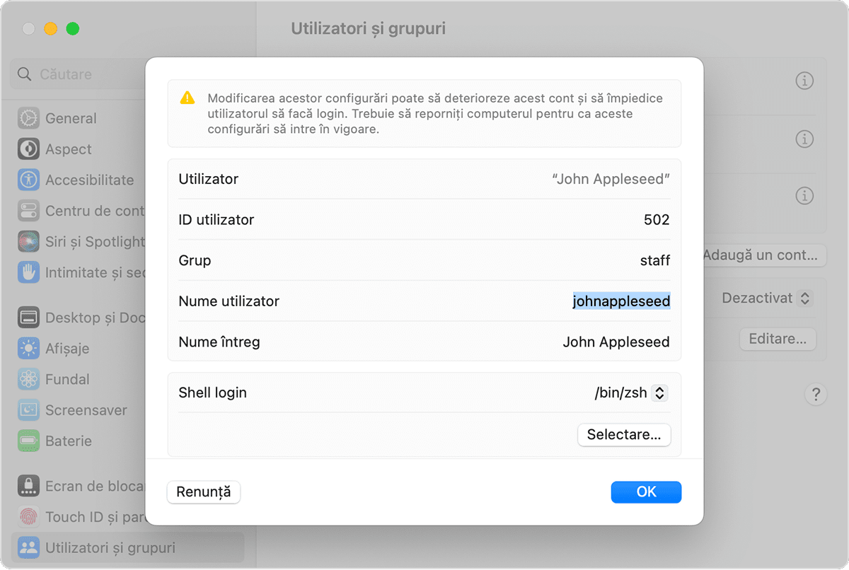 Users & Groups pane, showing the Advanced Options window