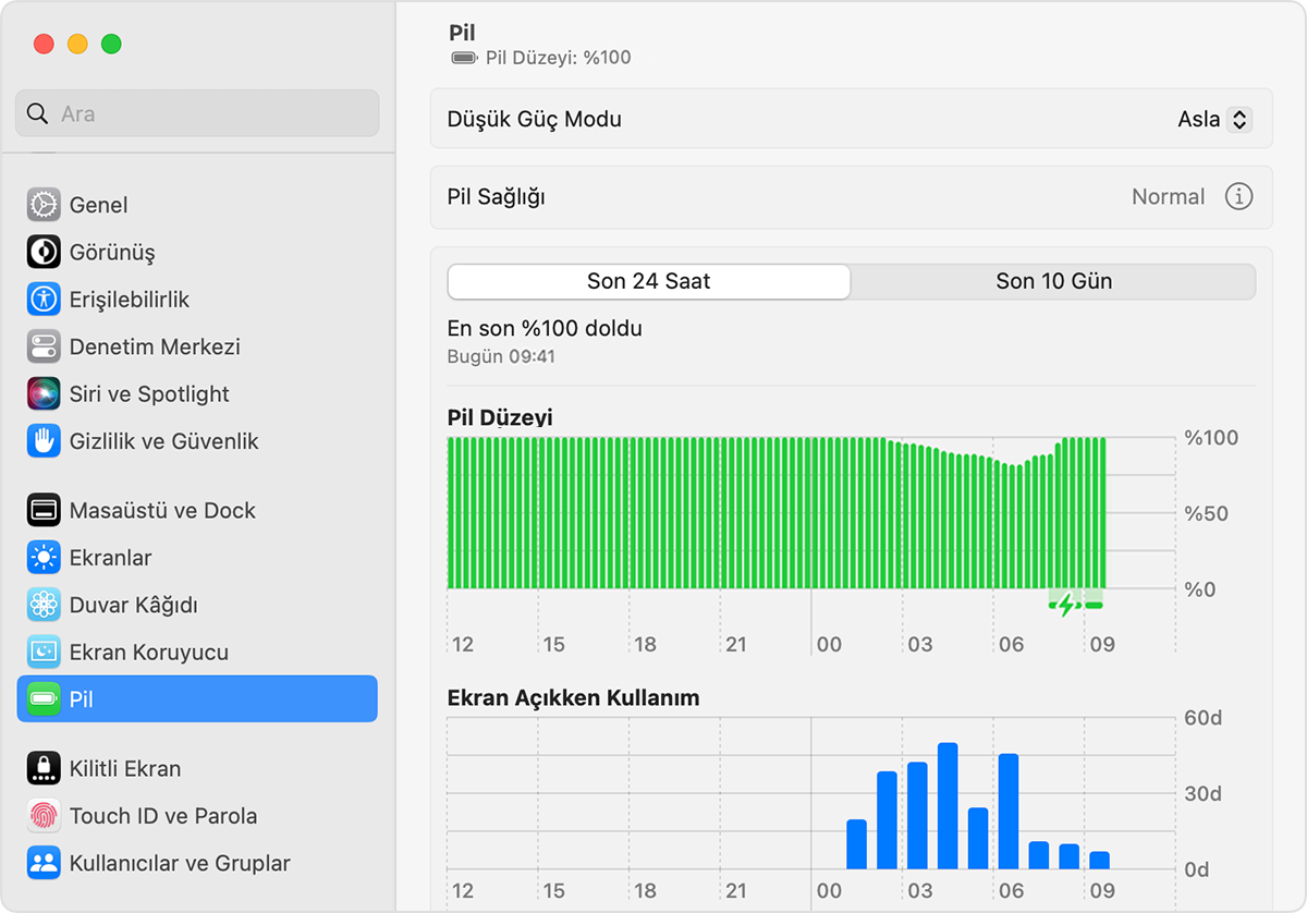 macOS Ventura'da pil ayarları