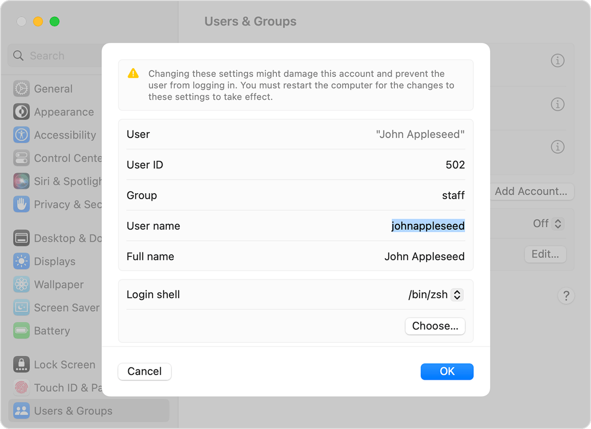 Users & Groups pane, showing the Advanced Options window