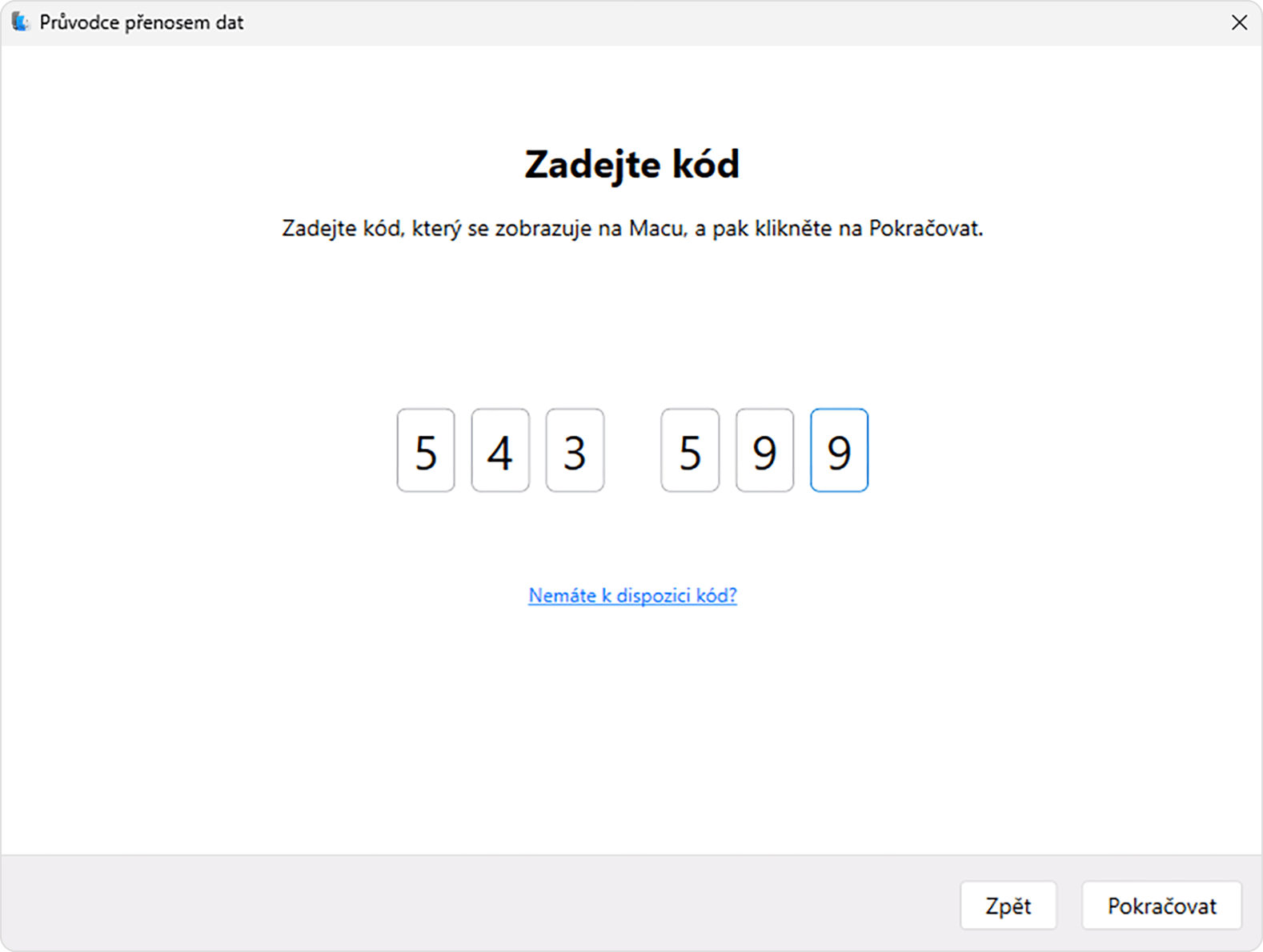 Průvodce přenosem dat na PC: Zadejte kód