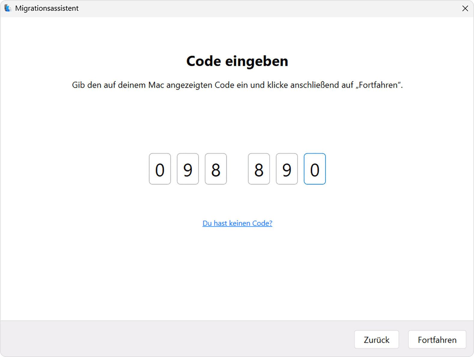 Migrationsassistent auf dem PC: Code eingeben