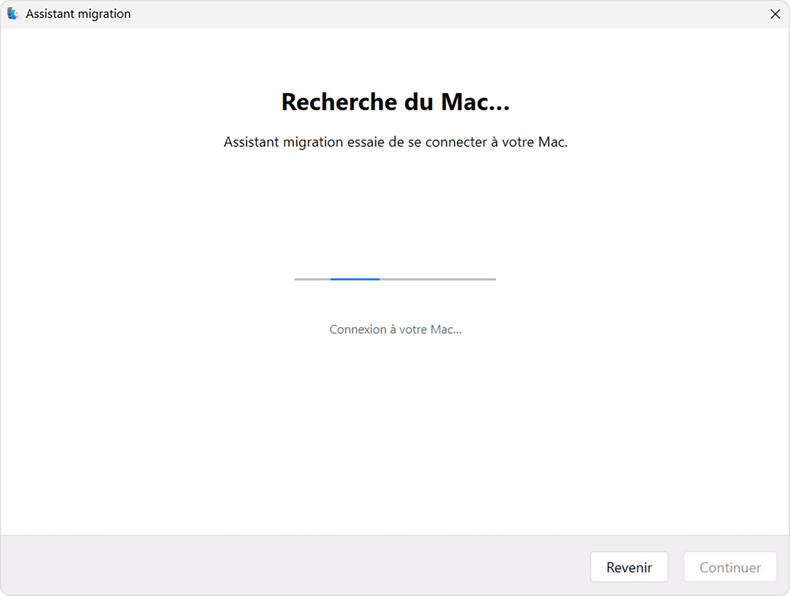 Assistant migration sur PC : recherche de Mac...