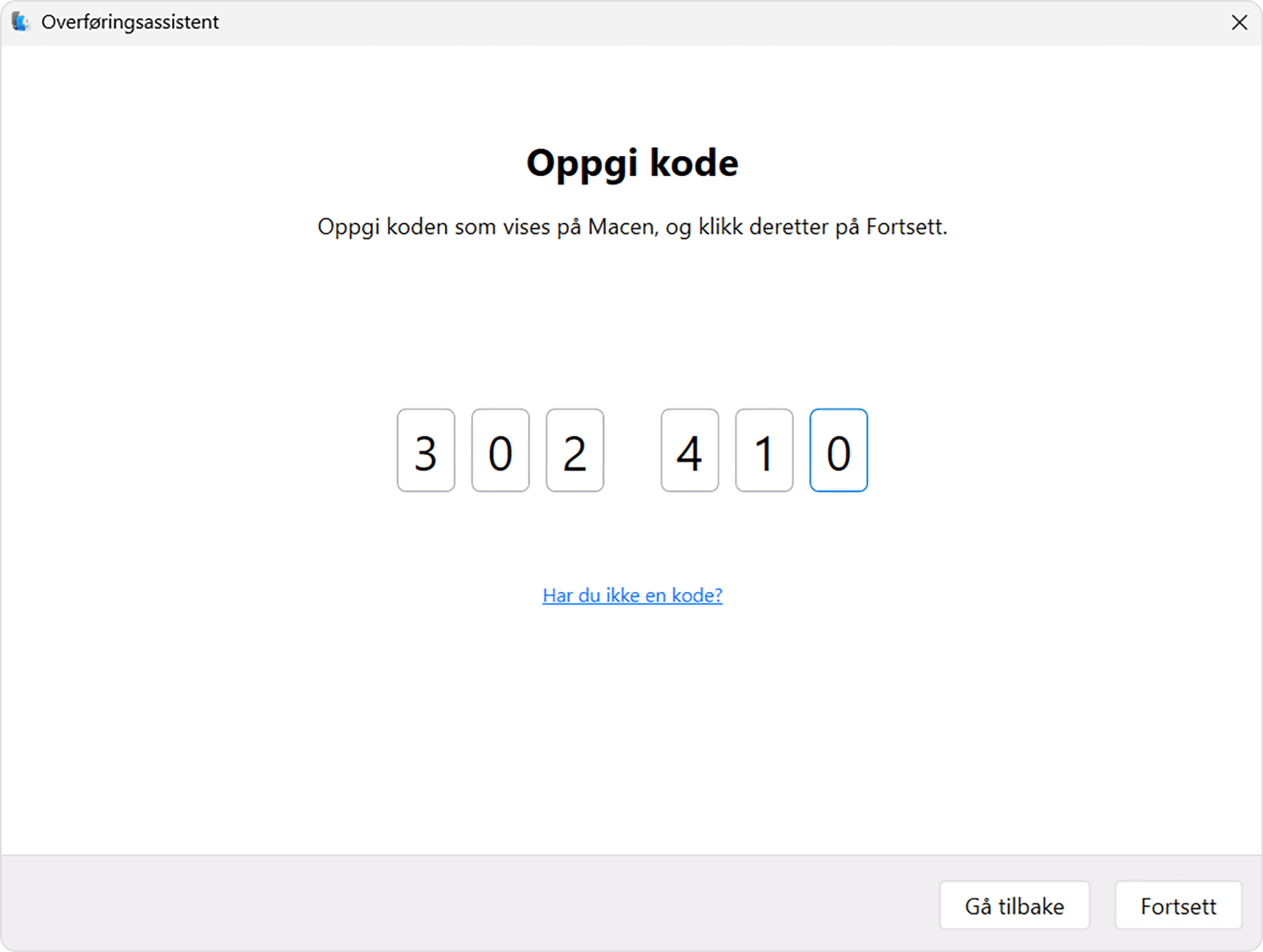 Overføringsassistent på PC: Skriv inn kode