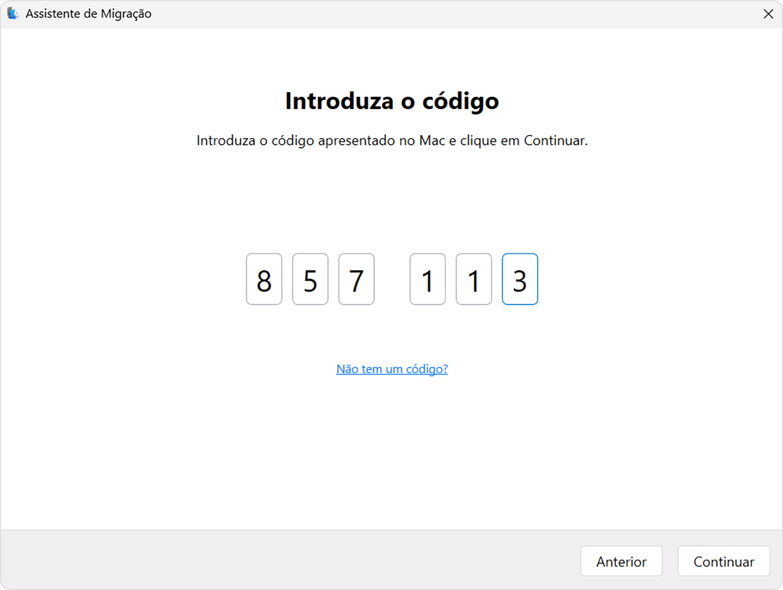 Assistente de migração no PC: Introduzir código