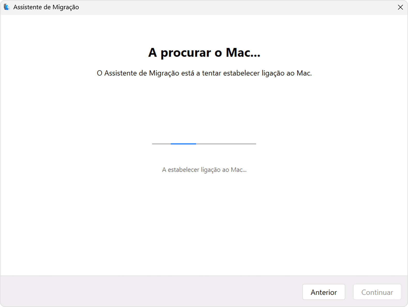 Assistente de migração no PC: A procurar o Mac...